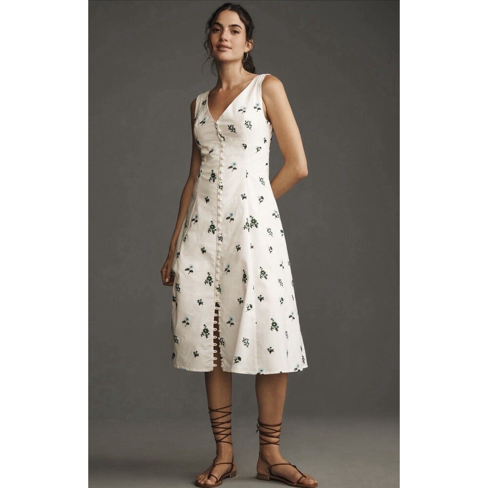 Anthropologie Midi Dress Blue Button Front Cotton Retro Preppy Vacay Small P NWT